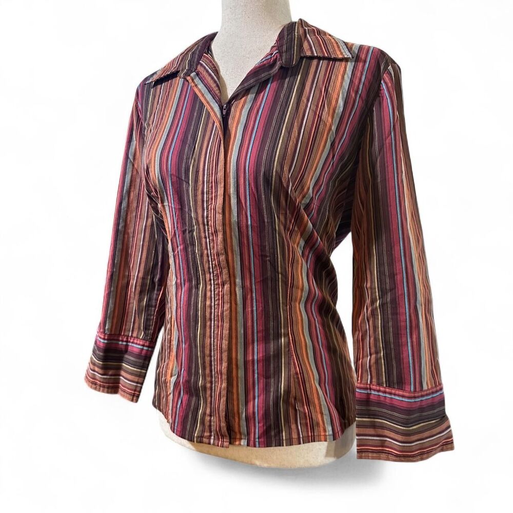 Lemon Grass Studio Striped Brown and Purple Zip Up Fem Cut Blouse